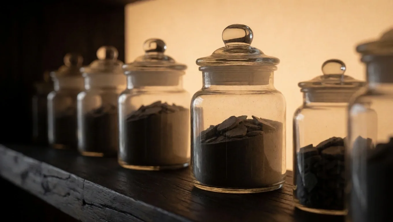 Glass jars of mineral powder on wooden shelf