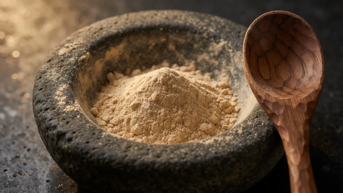 Maca root powder in stone mortar