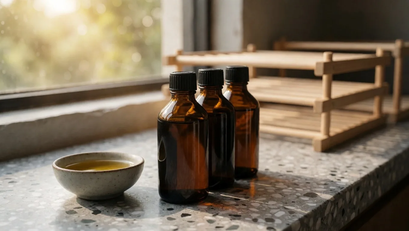 Amber glass tincture bottles with oil on terrazzo