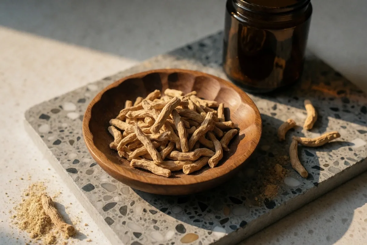 Ashwagandha roots in a wooden bowl on terrazzo