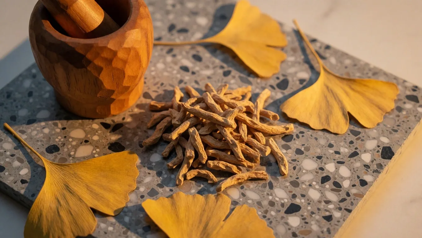 Ashwagandha roots and ginkgo leaves with a mortar