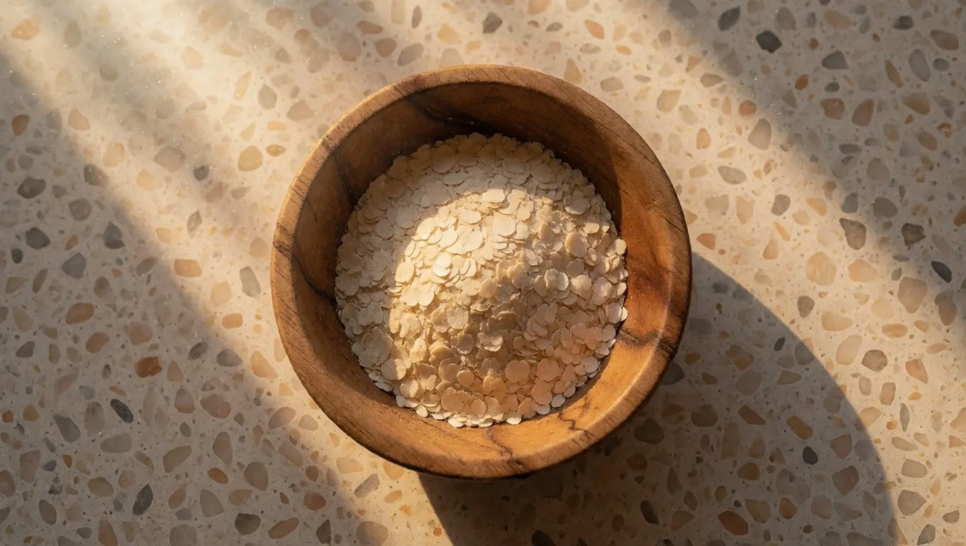 Dried yeast flakes and B-vitamin nutritional sources on terrazzo