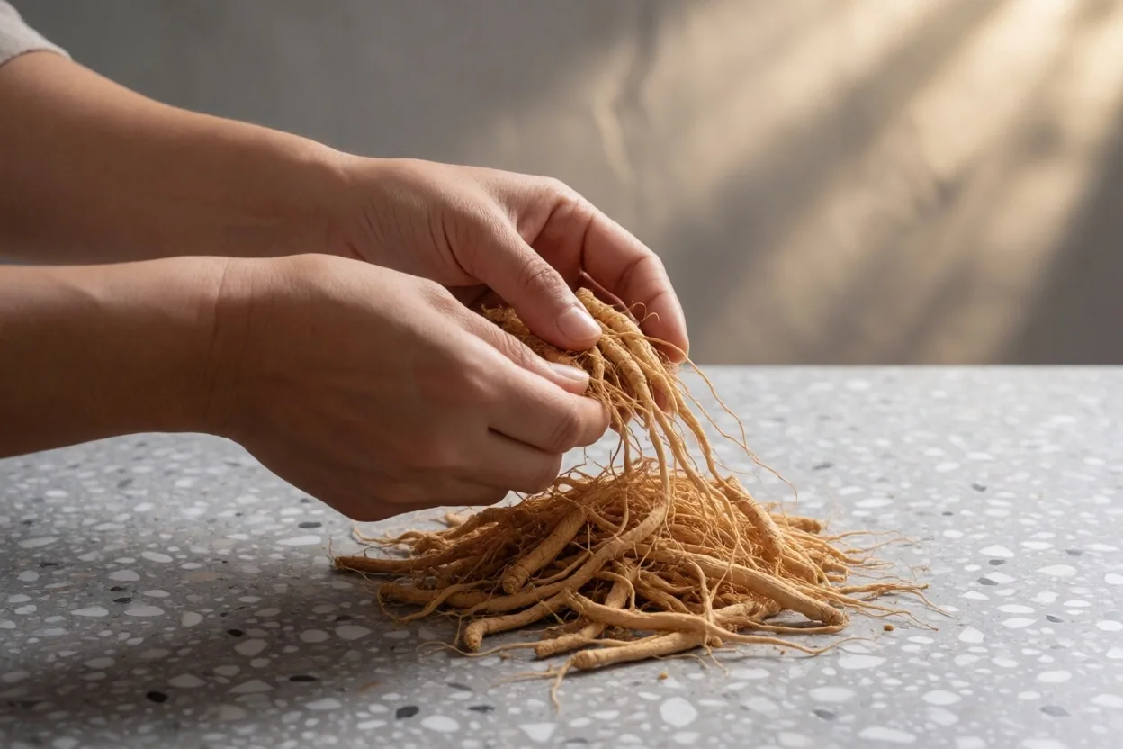 Hands sorting dried herbs on a terrazzo counter