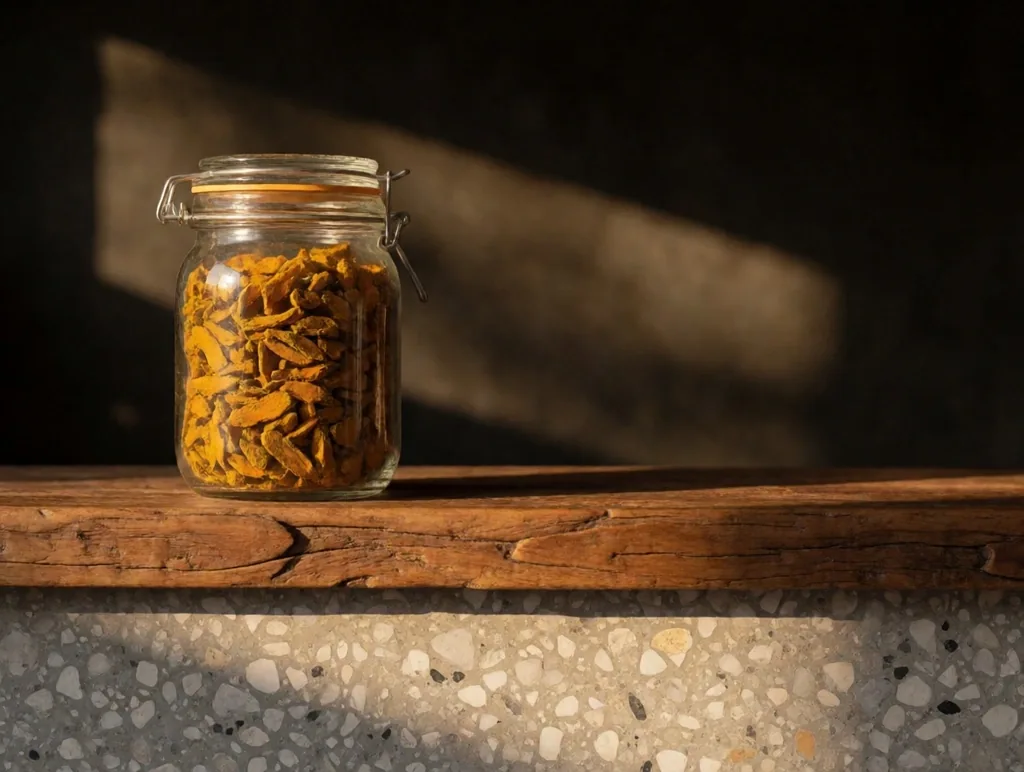 Glass jar of dried turmeric root on wooden shelf