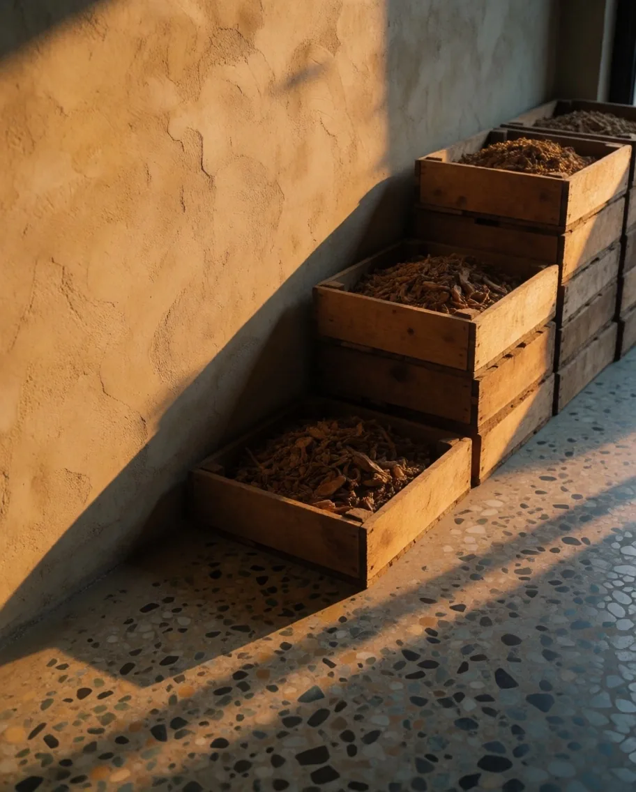 Bandung herb atelier interior with amber light on terrazzo workbench and drying shelves of tincture bottles
