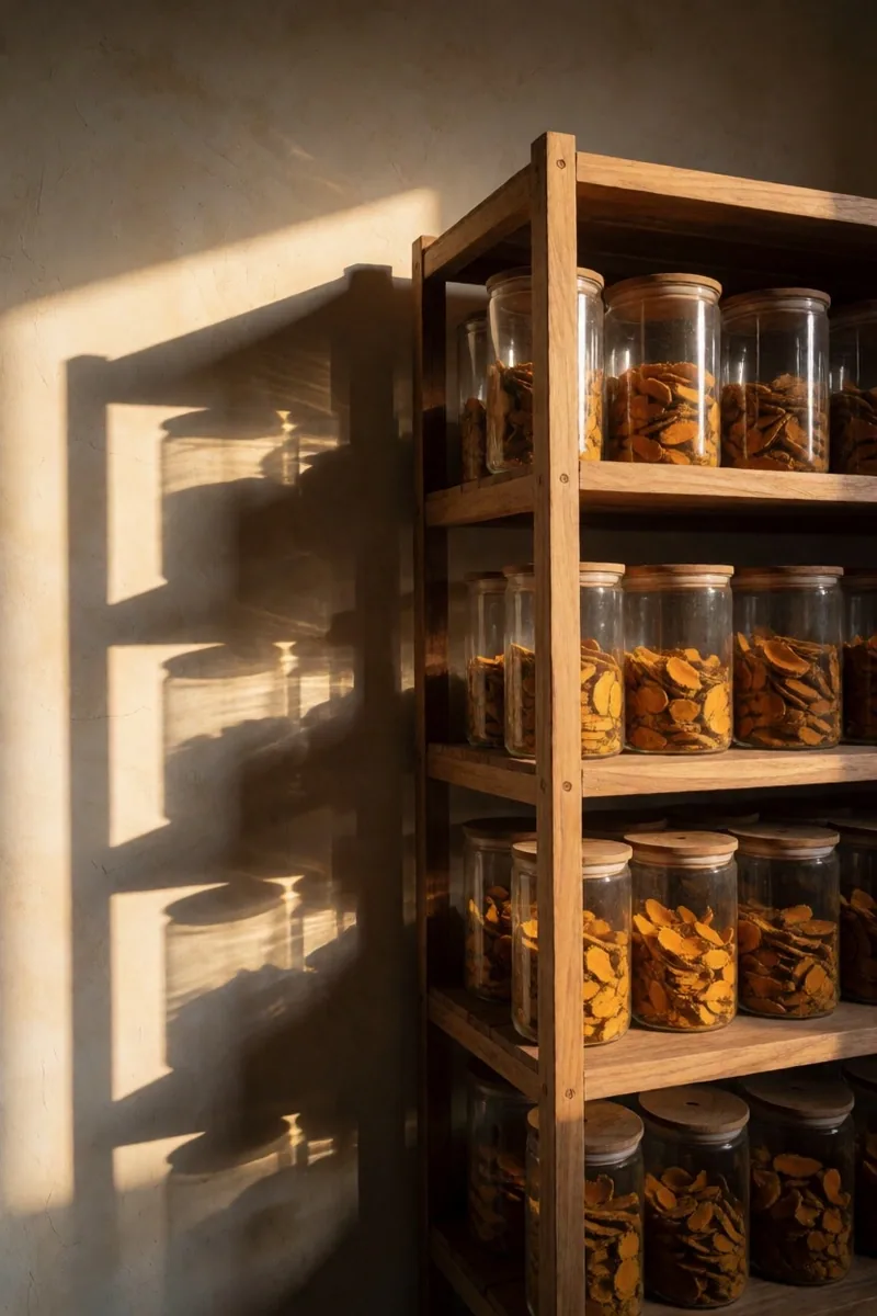 Dried turmeric root in amber glass jars on a wooden atelier shelf