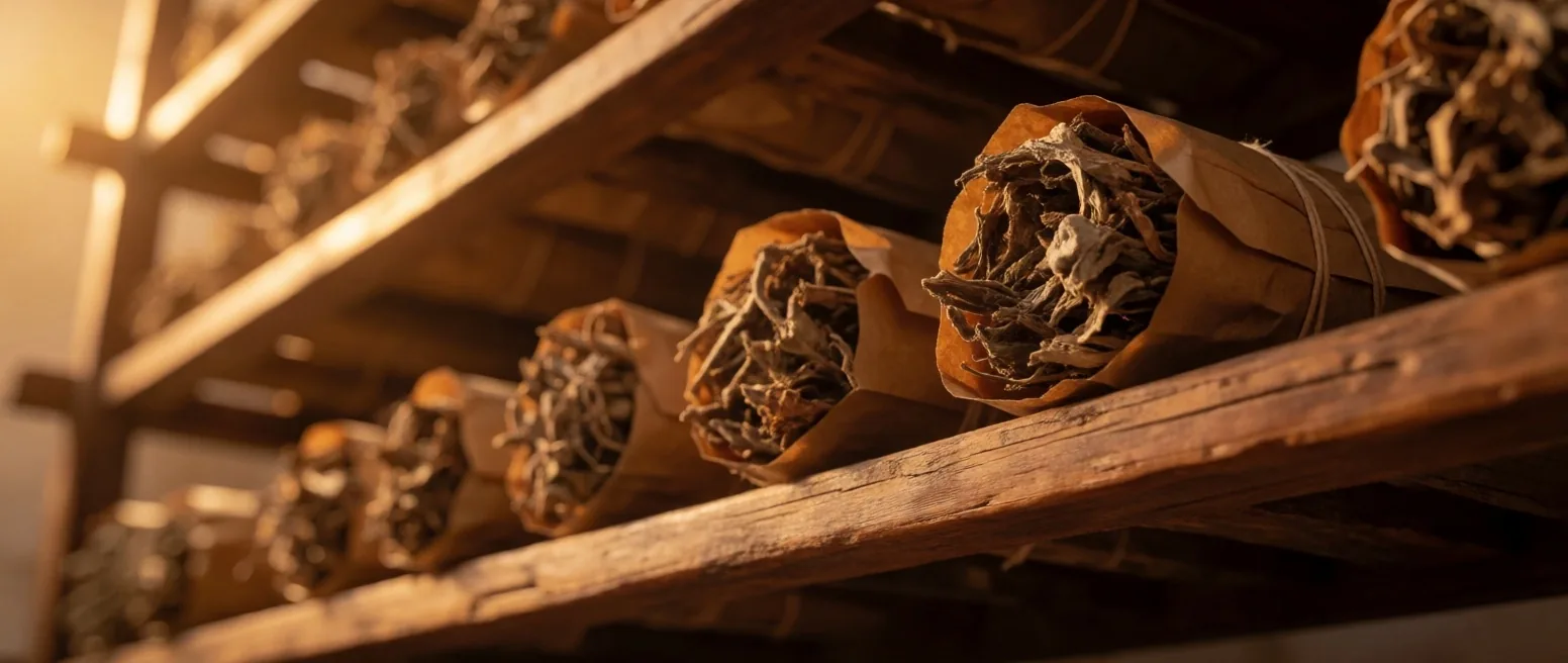 Kraft paper bundles of dried herbs on a wooden drying shelf