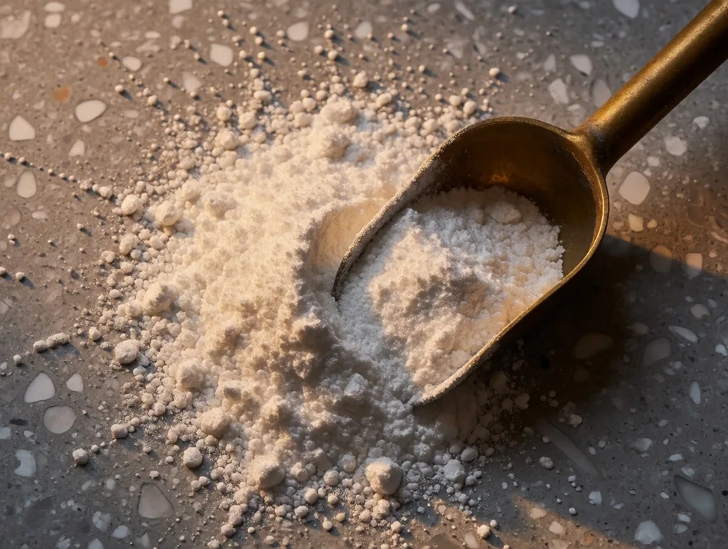 Zinc mineral powder on terrazzo with a brass measuring scoop